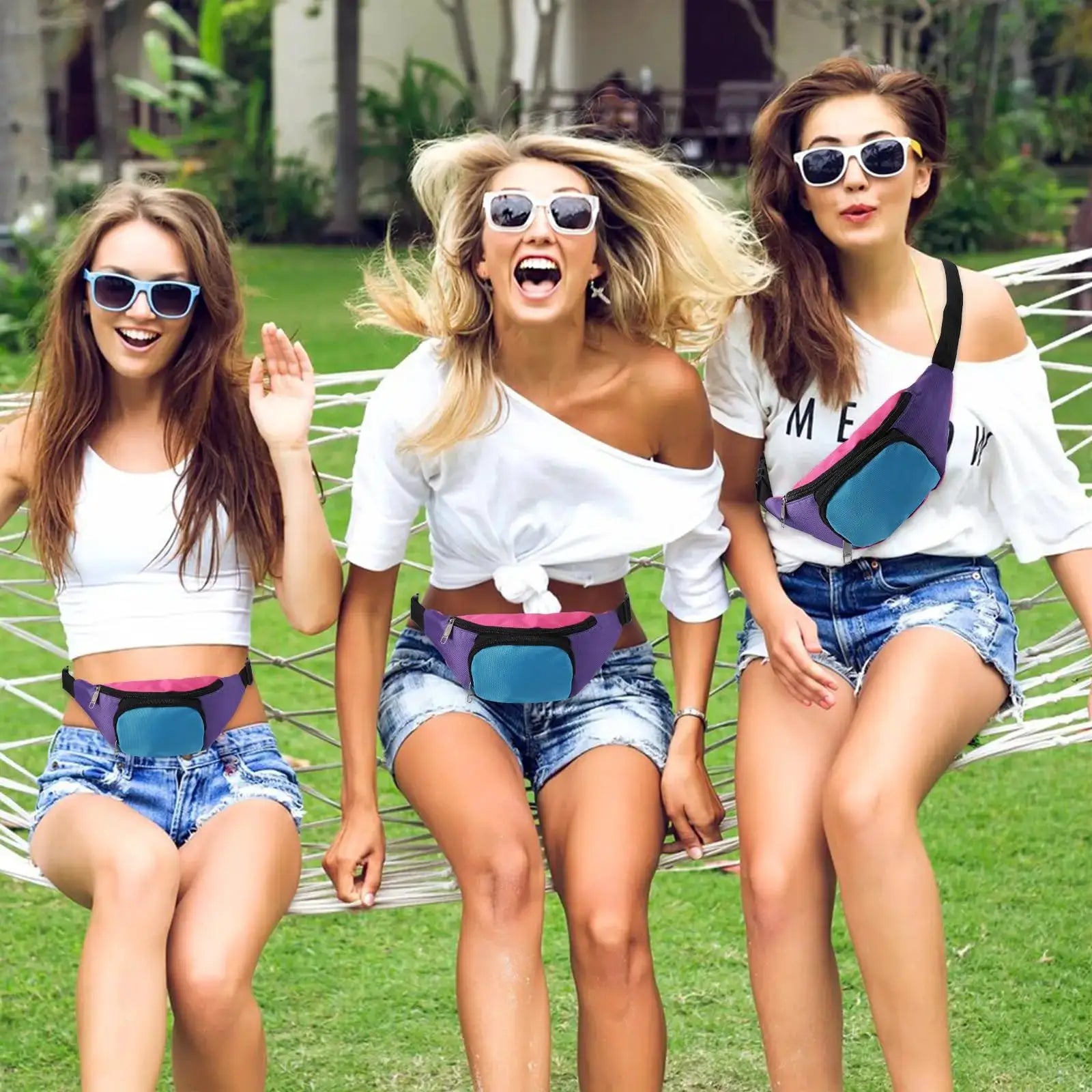Fanny packs with shiny purple and blue panels worn by three women