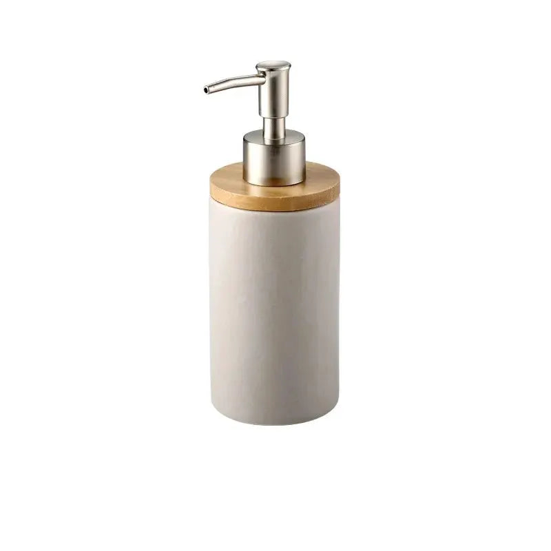 Ceramic bathroom soap dispenser with wood lid and stainless steel pump