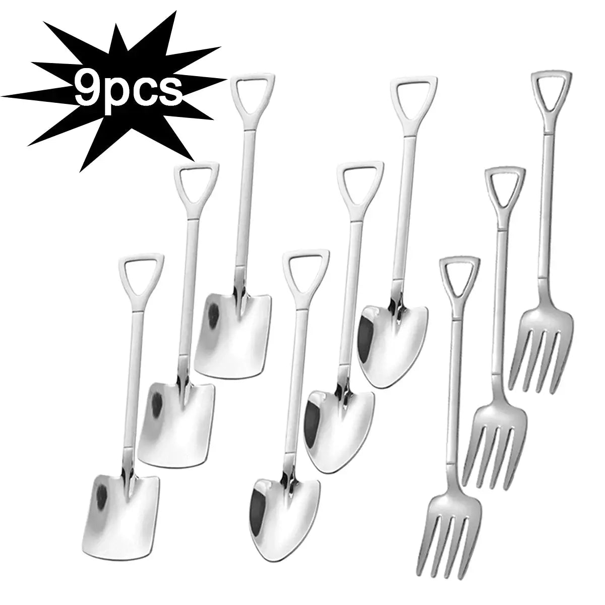9 Piece Stainless Steel Dessert Forks And Spoons Set Shovel Shaped Spade Kitchen Utensils