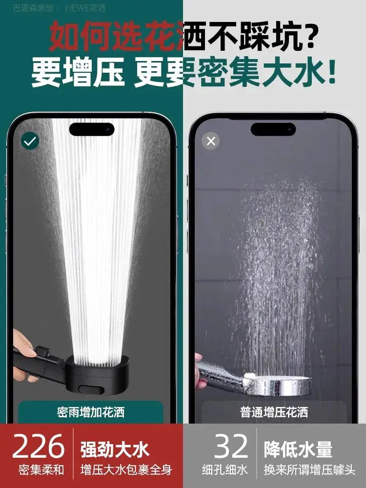 Shower head with 3 modes by Simples Market; high-pressure, water-saving, adjustable; 2 smartphones compare spray