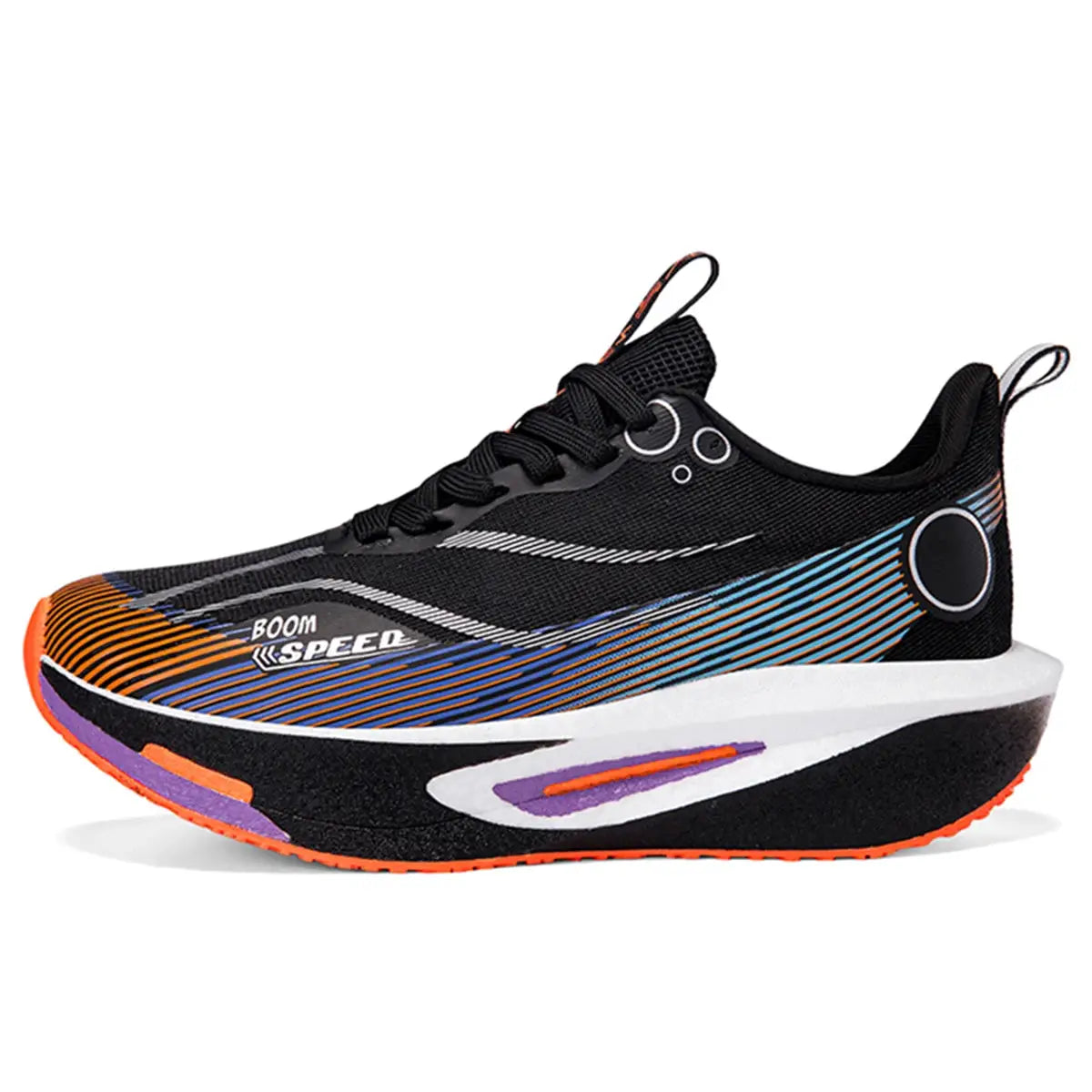 Carbon plate running shoes with bold orange-blue stripe design, black mesh upper, lightweight for men and women