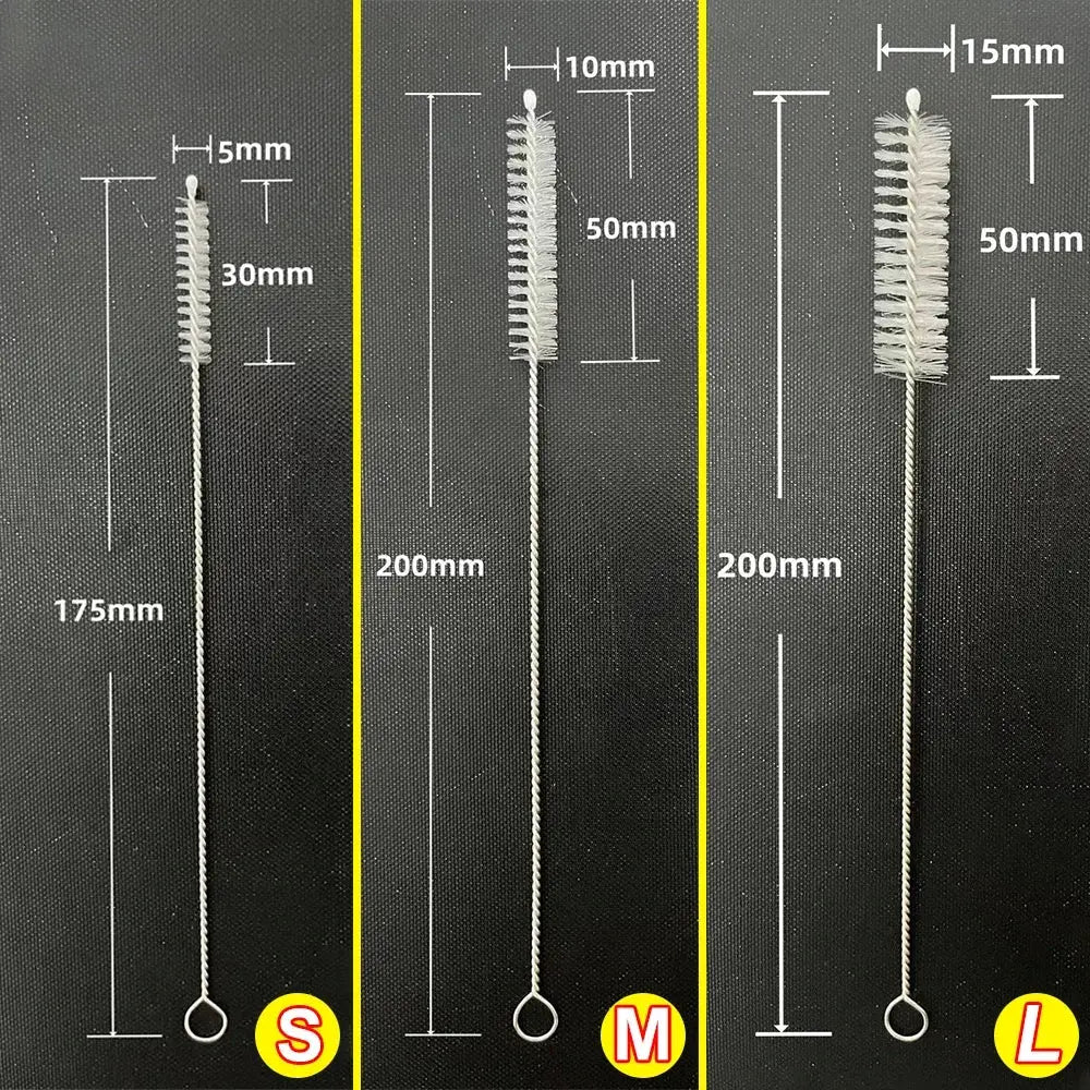 Drinking straw cleaning brush set with nylon bristles on stainless steel stems; three brushes in sizes S, M, L.