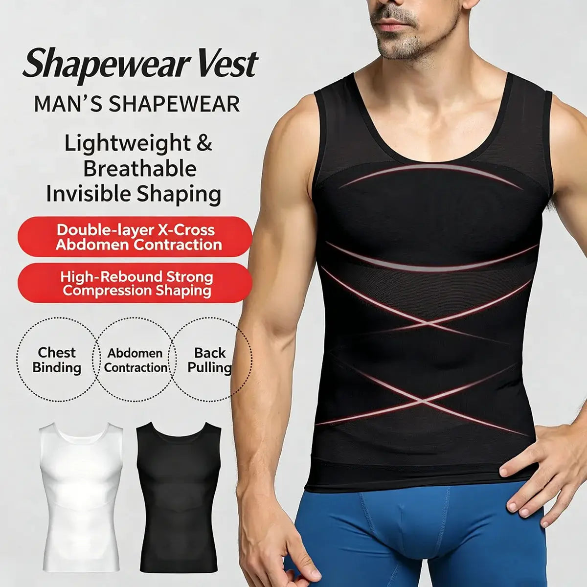 Men's compression shapewear vest in black with chest and abdomen control, lightweight breathable undershirt