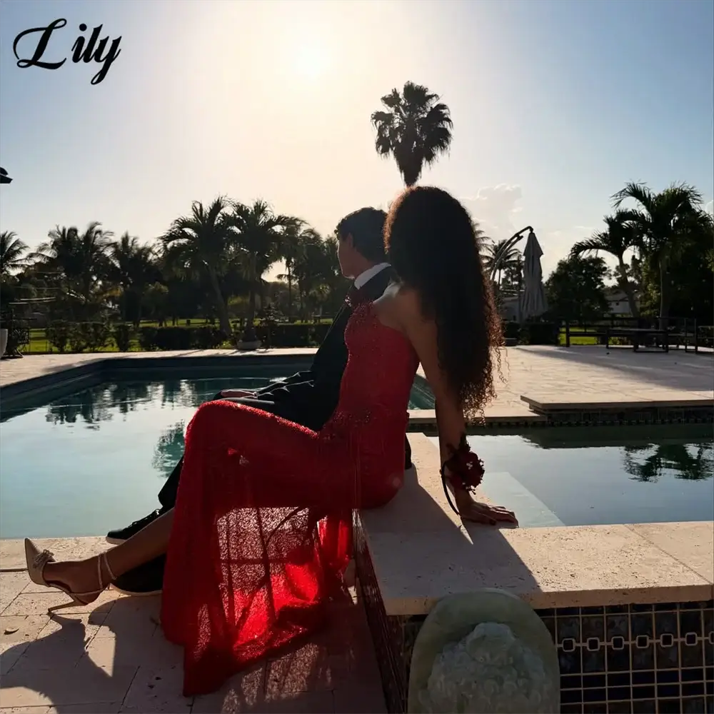 Lily Red Sequined Deep V Neck Evening Gown With Beaded Fringe