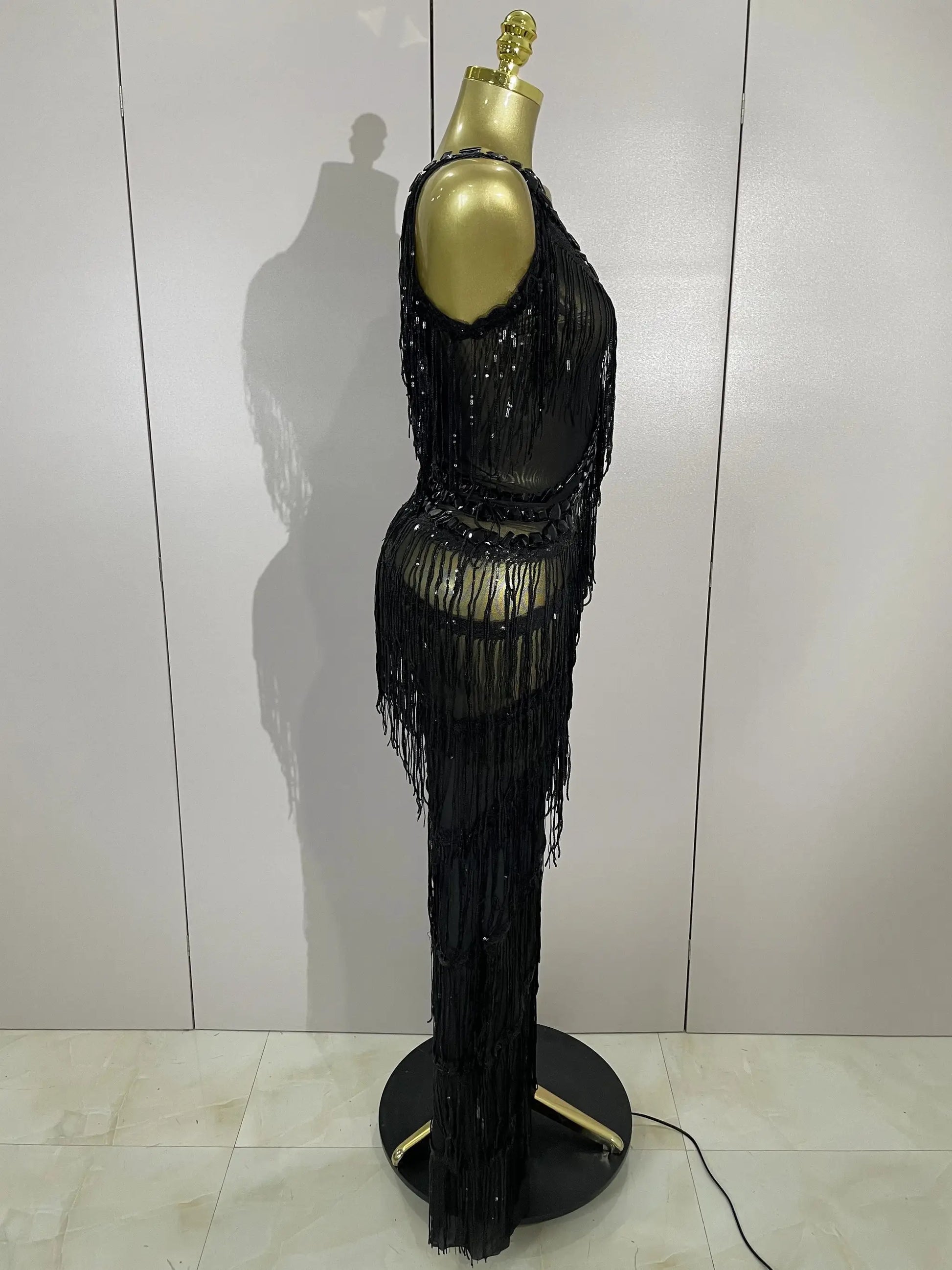 Black sequined fringe jumpsuit for women with rhinestones, stage show costume
