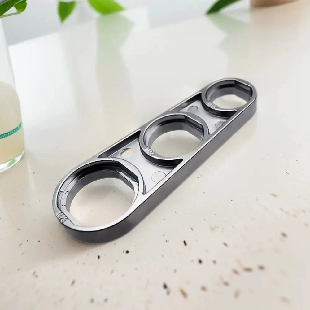 Metal 6-in-1 faucet wrench tool with three circular ring openings for aerator removal
