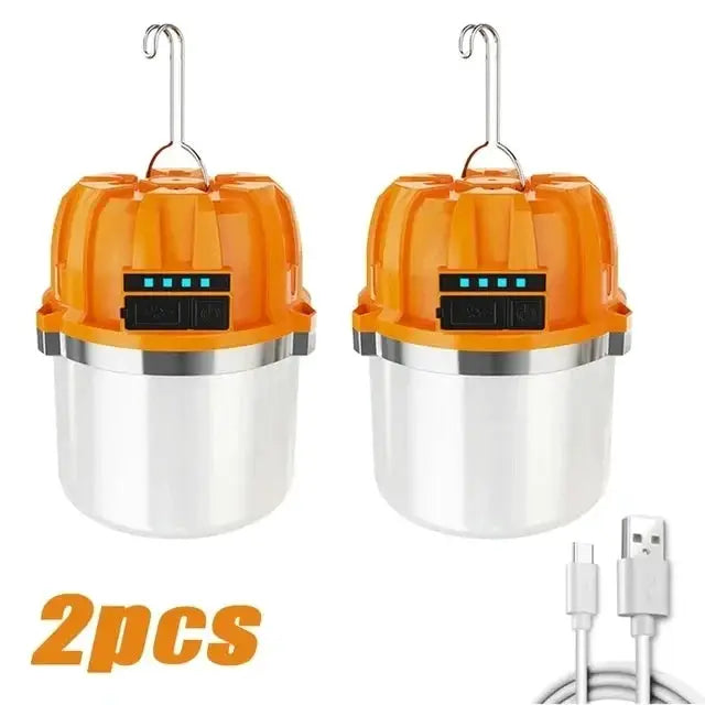 2pcs orange camping lanterns, 500W LED USB rechargeable with power display and hanging hook