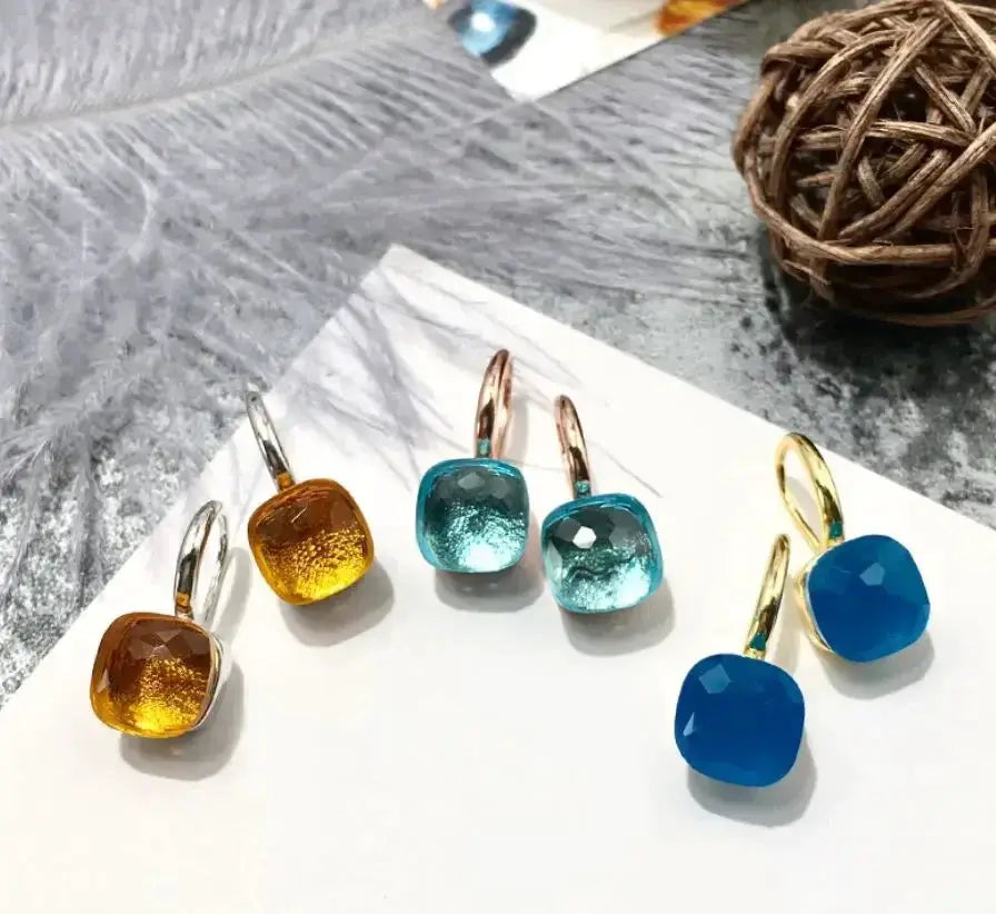 Drop earrings set of 6 in amber, teal, and blue crystal candy style by Simples Market