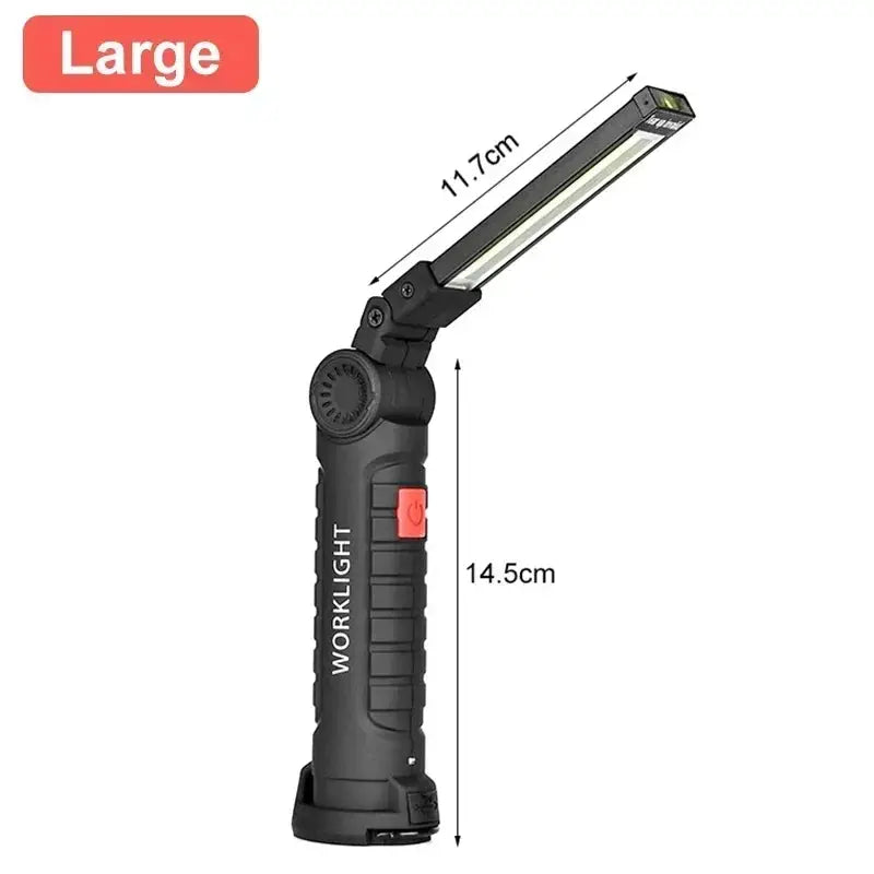 Portable COB LED work light, USB rechargeable, black with adjustable head and magnetic hook.