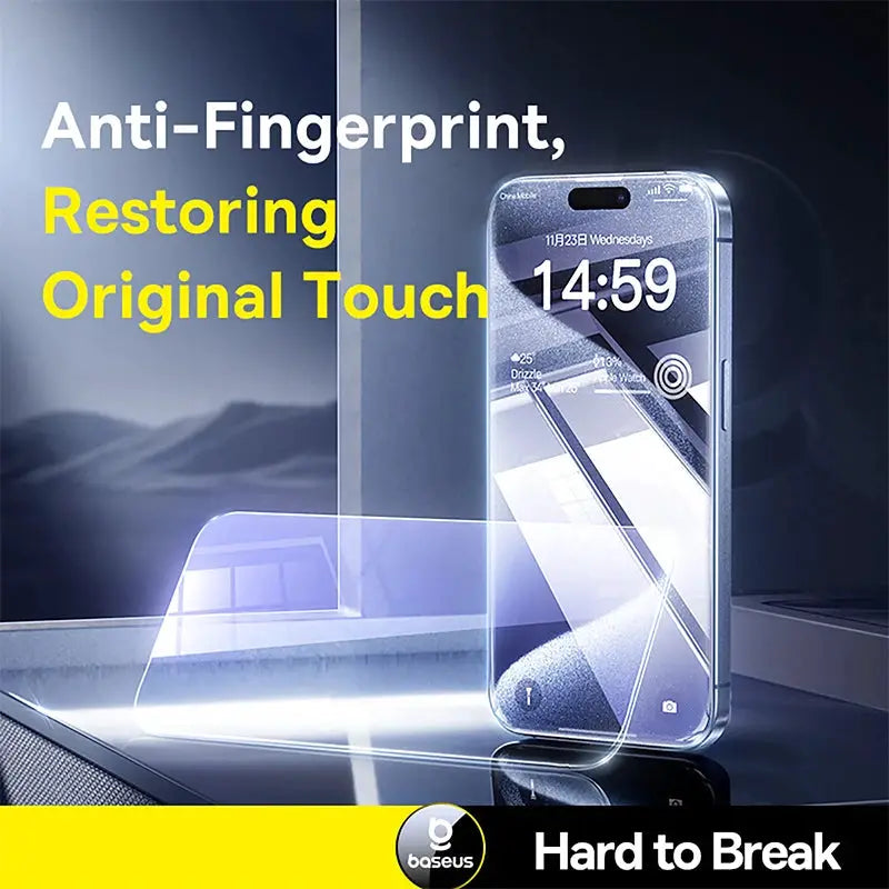 Baseus tempered glass screen protector for iPhone 17/16 Pro Max, anti-fingerprint and anti-peeping with clear edge.