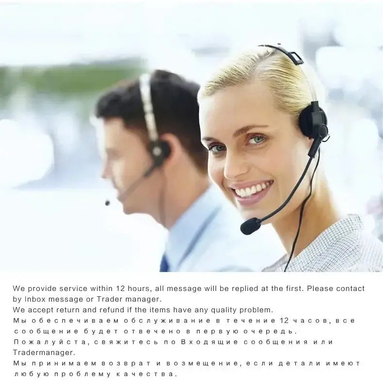 Two customer service agents wearing headsets in a bright office; smiling woman in foreground.