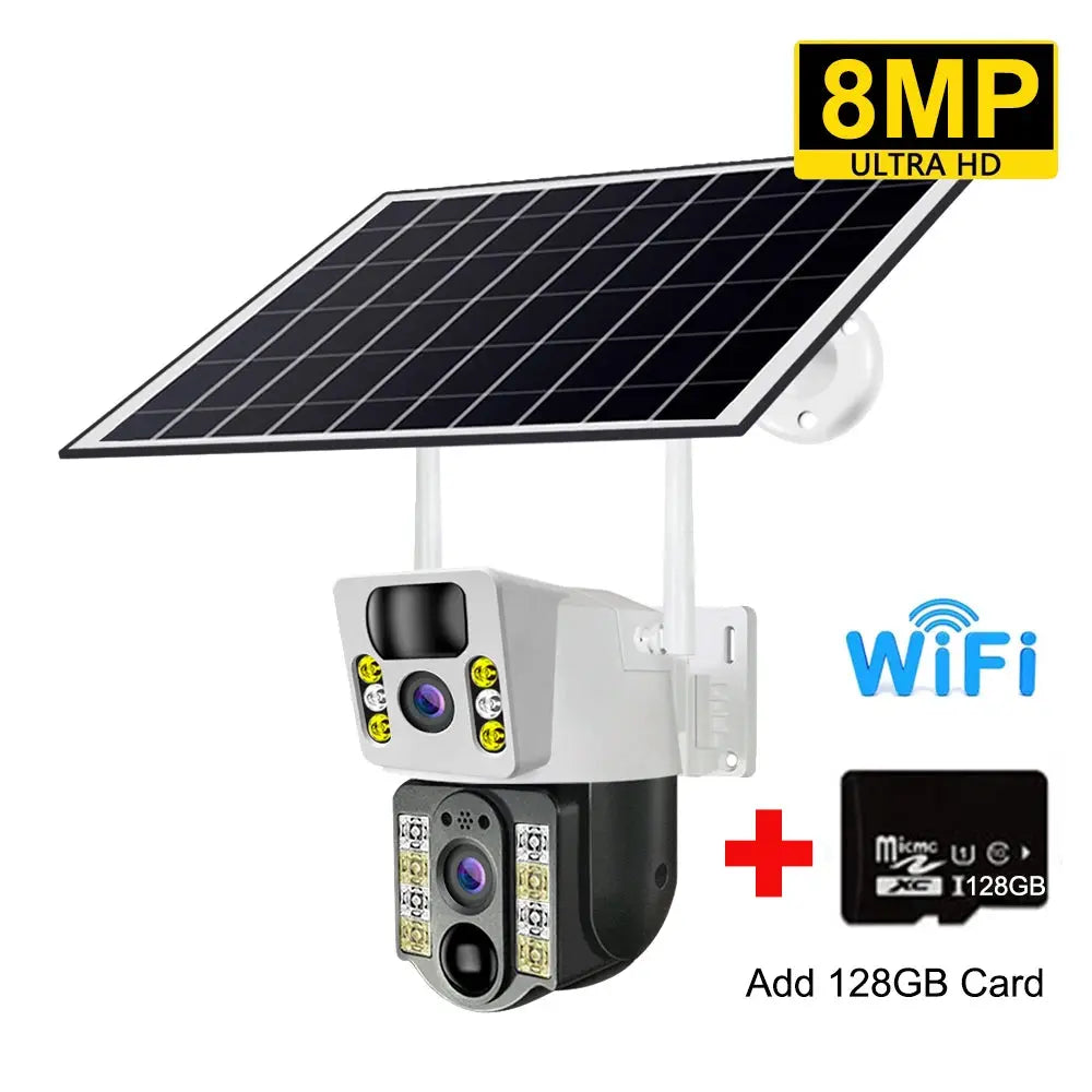 8MP Ultra HD solar-powered wireless CCTV camera with dual lens, night vision, and WiFi