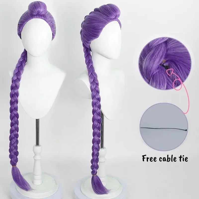 Kpop anime cosplay wig by Simples Market, purple long two-braid style with top bun, heat-resistant synthetic