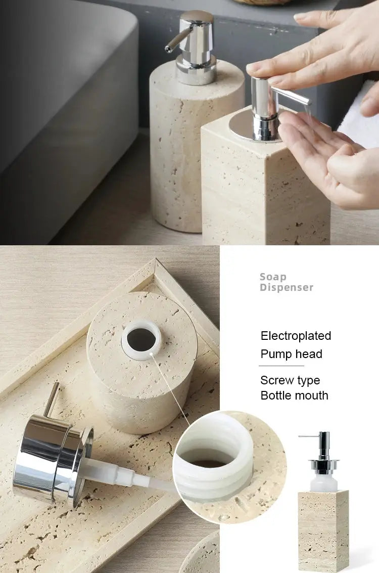Beige travertine 4-piece bathroom accessories set with soap dispenser, soap dish, reed diffuser and vanity tray