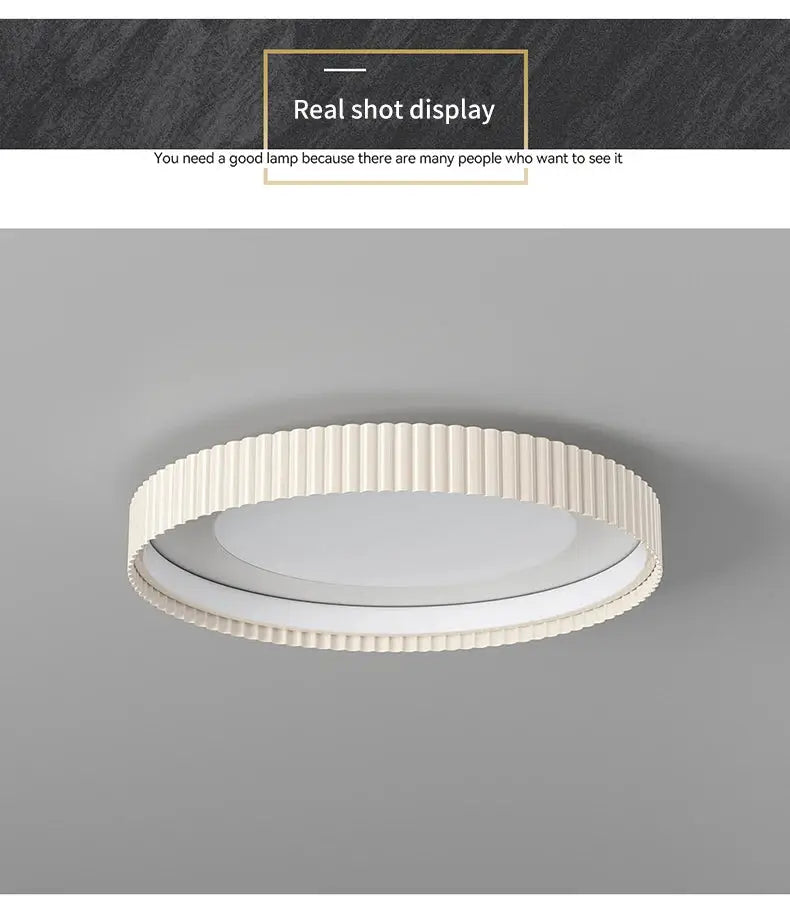Modern round LED ceiling light with a beige ribbed metal ring and white diffuser, Simples Market