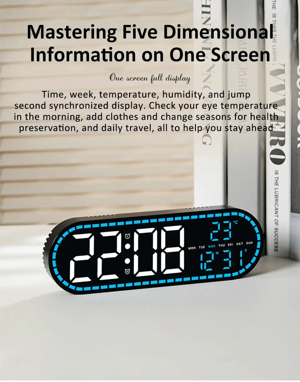 Digital LED wall clock by Simples Market, black with blue border, shows time, date, week, temperature and dual alarms.