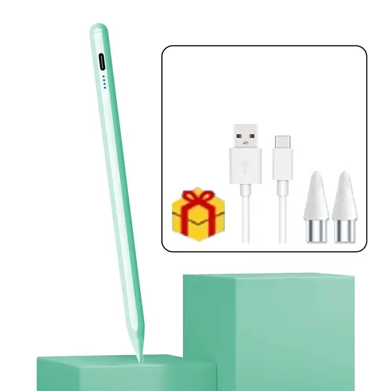 Simples Market universal stylus pen, mint green; compatible with Android/iOS tablets, includes USB cable and two tips.