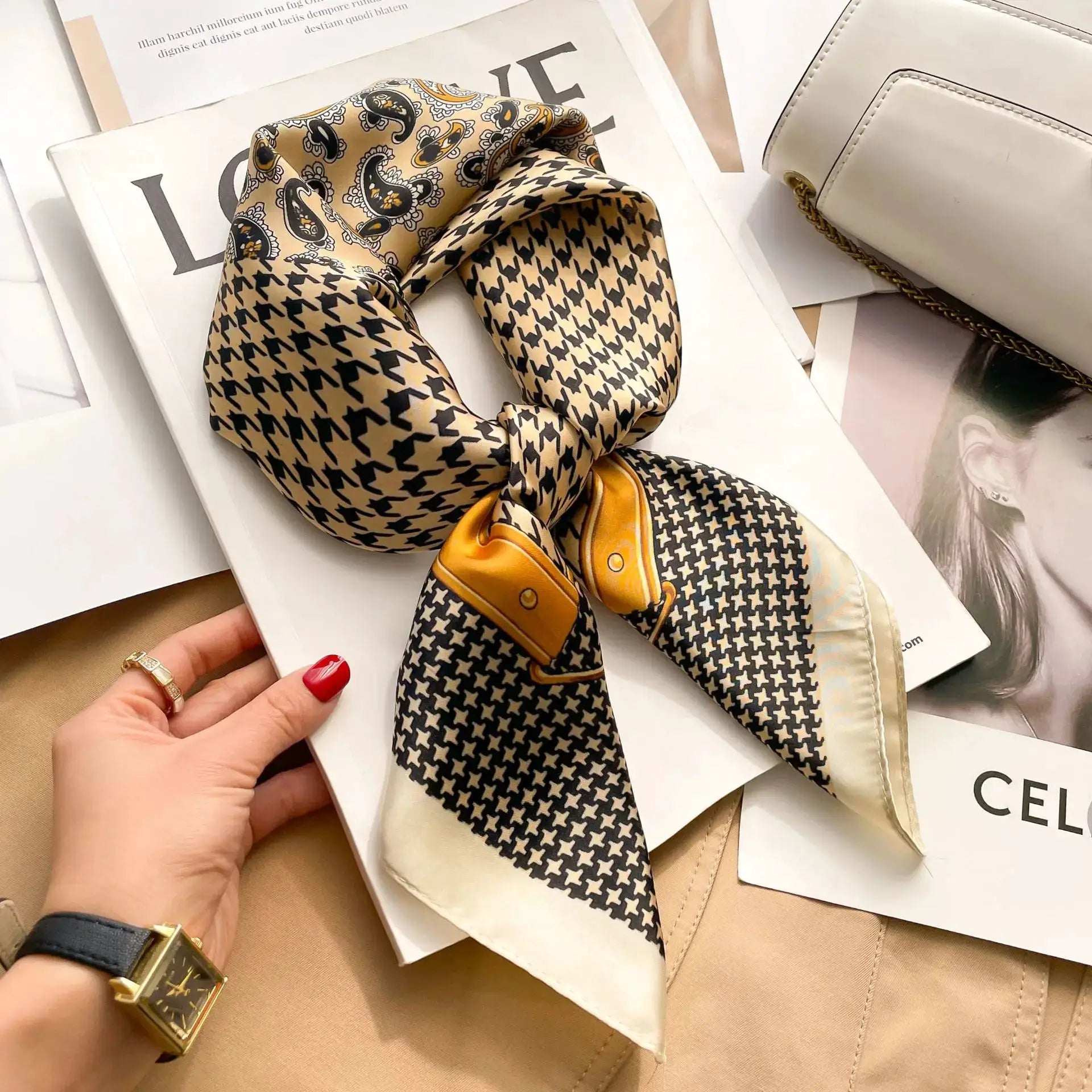 SJ01 Silk Scarf Neckerchief For Women Luxury Designer Silk Headscarf And Purse Accent Accessory