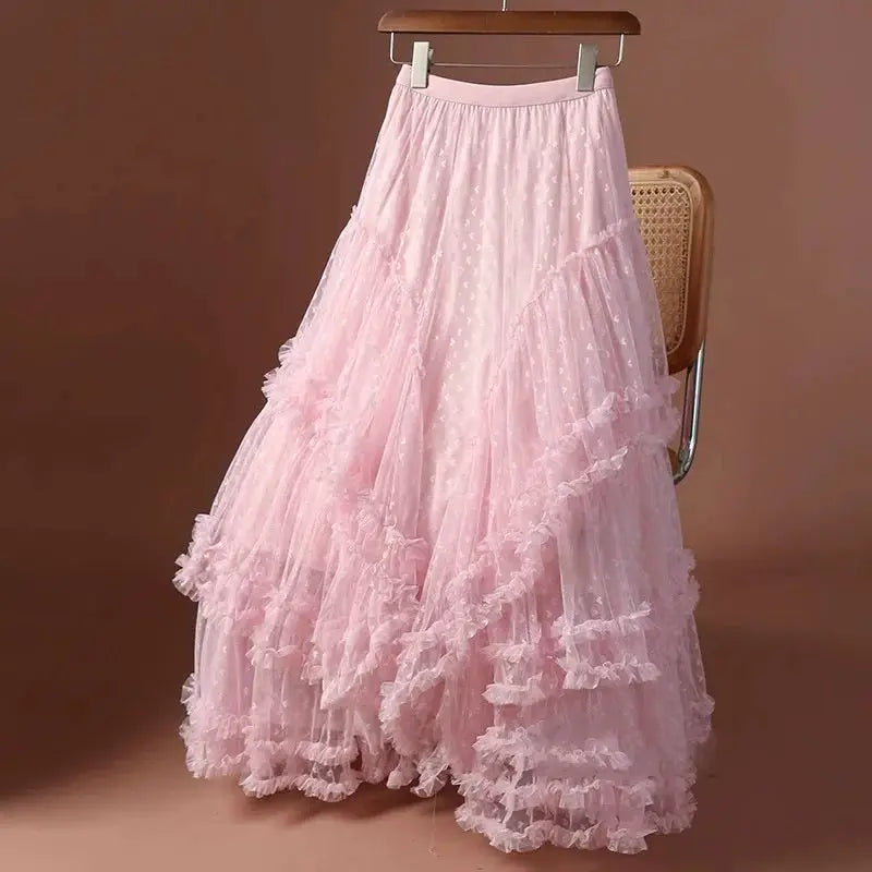 Women's pink mesh heart-printed tulle maxi skirt with elastic high-waist and layered ruffles