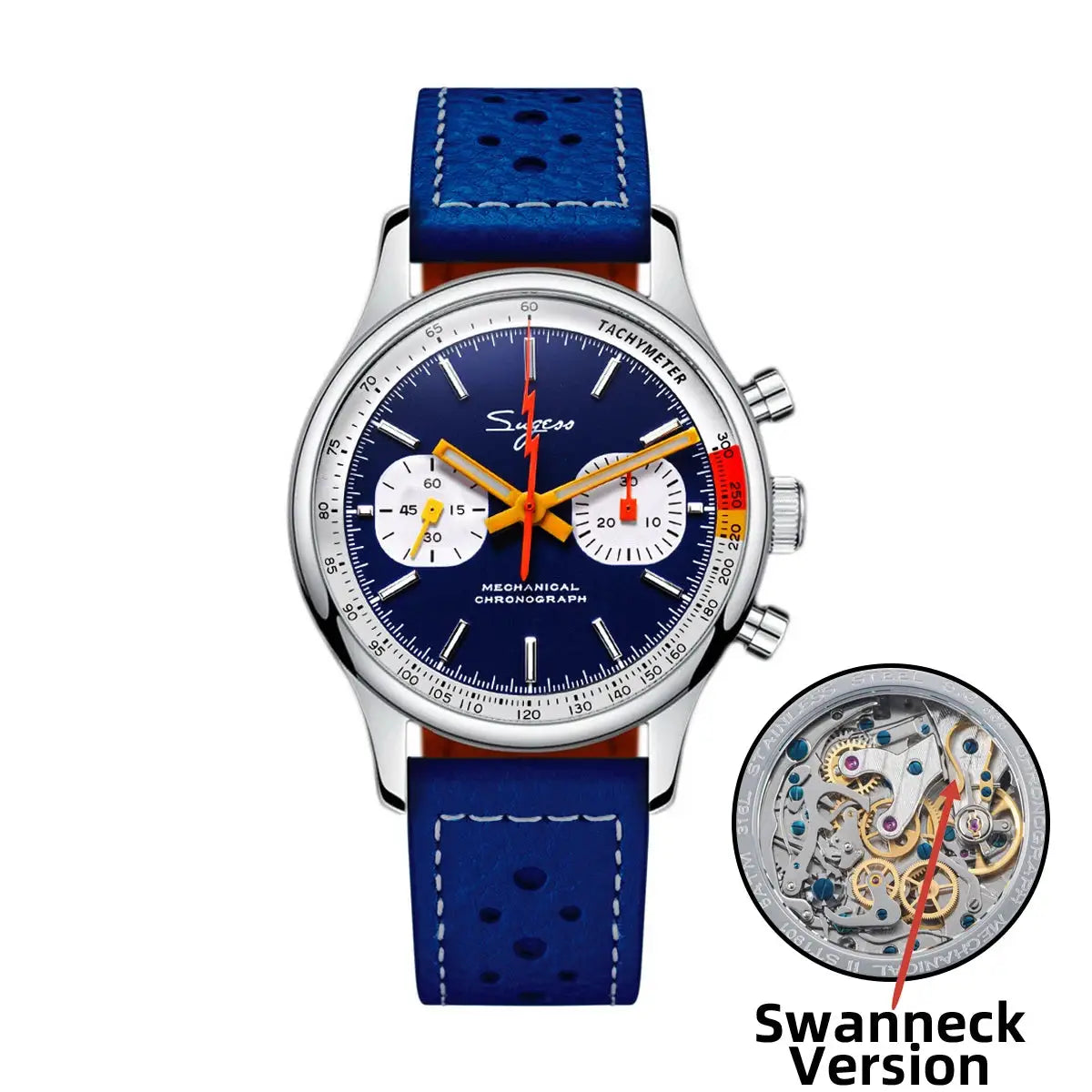 Sugess men's chronograph watch with blue dial, orange hands, white subdials, stainless steel case, blue strap