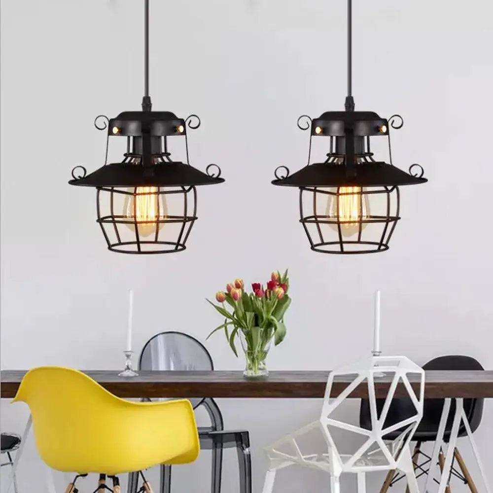 Simples Market industrial pendant chandelier, pair of black metal cage lamps with Edison bulbs