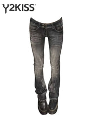 Women's Low Rise Flared Denim Jeans Black Bootcut Y2K Bell Bottom