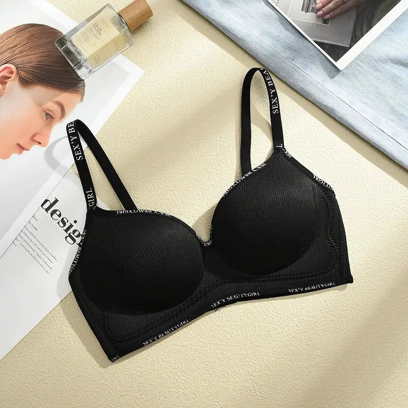 Black seamless push-up bra with thick band and SEXY BEAUTYGIRL branded straps