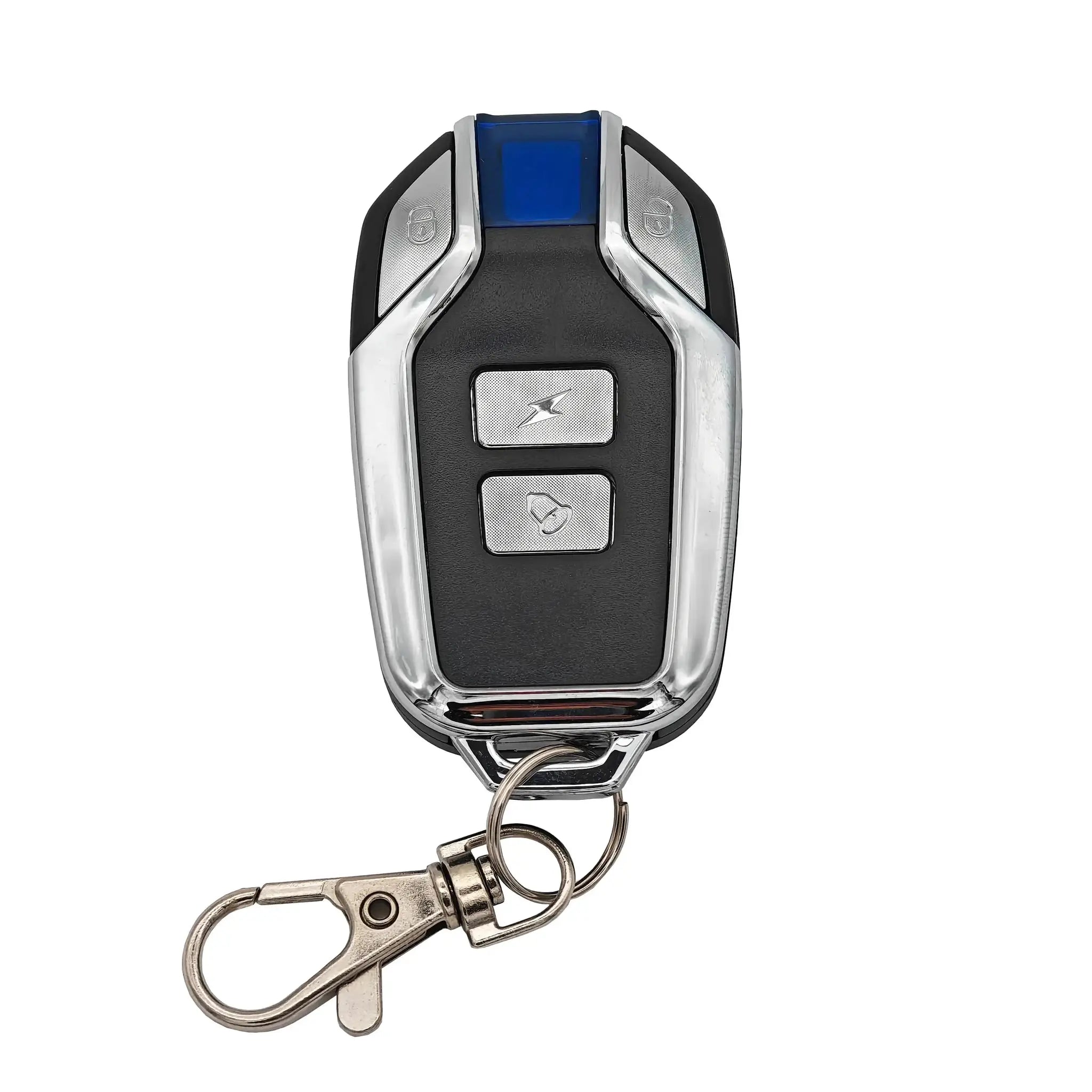 Universal motorcycle anti-theft alarm remote by Simples Market with chrome frame and blue center panel