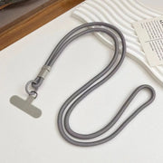 Mobile phone lanyard in solid gray nylon rope with double cords, metal ring, and T-shaped pendant