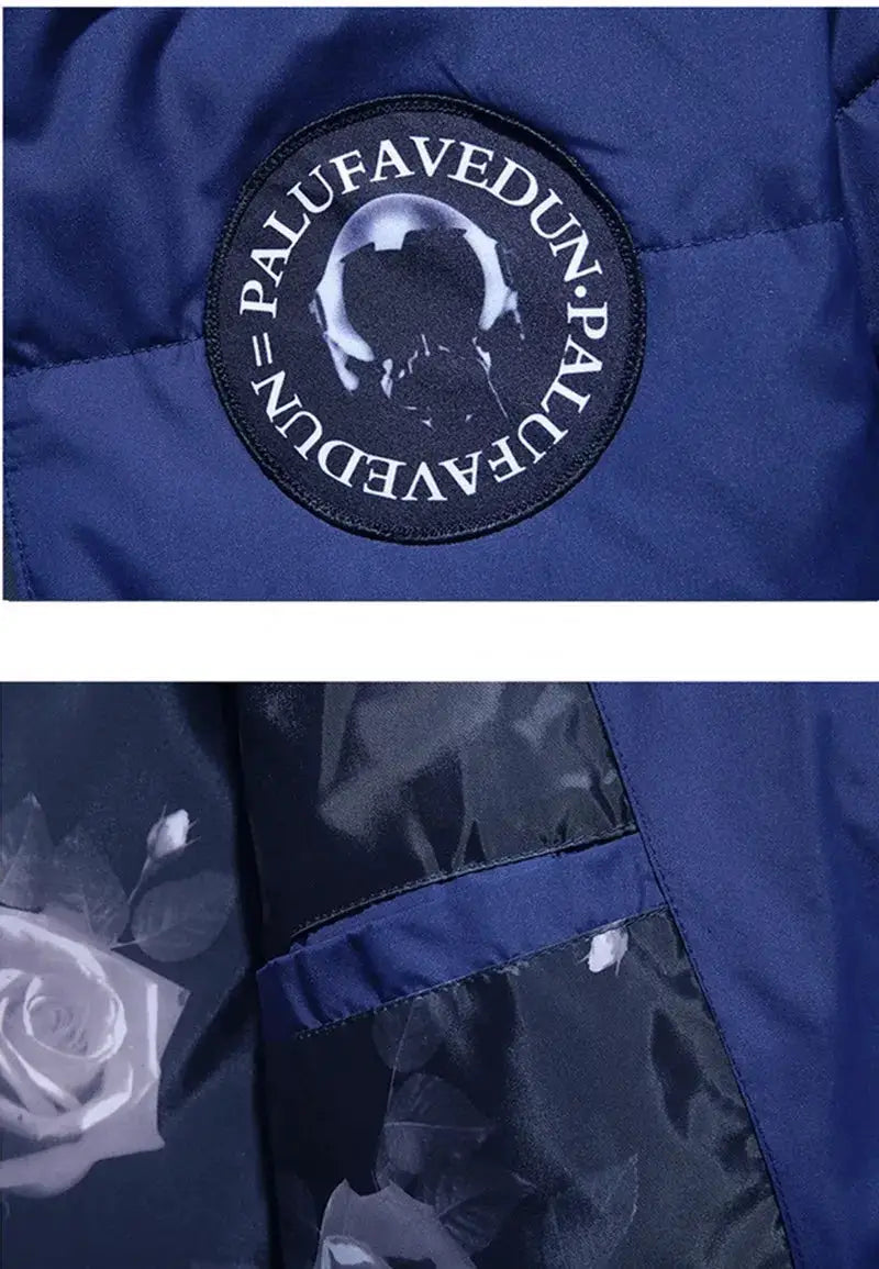 Down jacket blue hooded puffer by Simples Market with circular logo patch and floral lining.