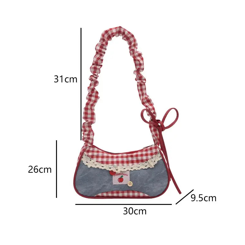 Fashionable Casual Hand-held Bag; red gingham strap, lace-trimmed denim front with apple patch.