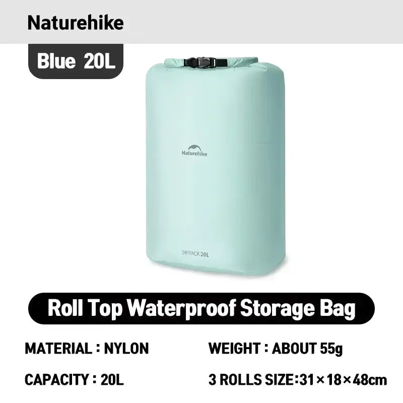 Naturehike blue 20L rolled storage bag; nylon, lightweight waterproof vacuum compression organizer
