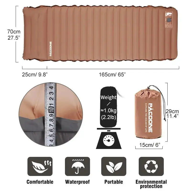 Simples Market ultralight self-inflating air mattress sleeping pad, brown, 165x70 cm, 25 cm thick, with carry bag.