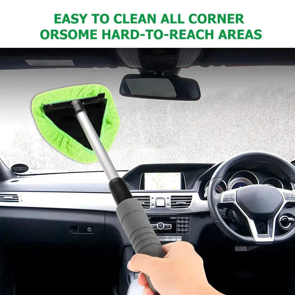 Telescopic car window cleaning brush set with a bright green microfiber pad on a silver extendable handle