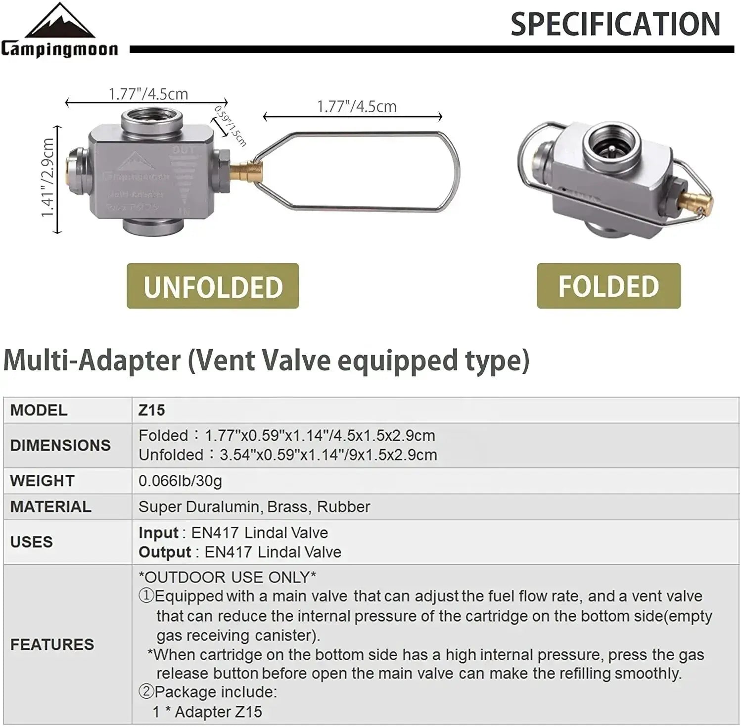 CampingMoon Z15 multi-adapter vent valve for gas tanks, gray metal construction with two views: folded and unfolded.