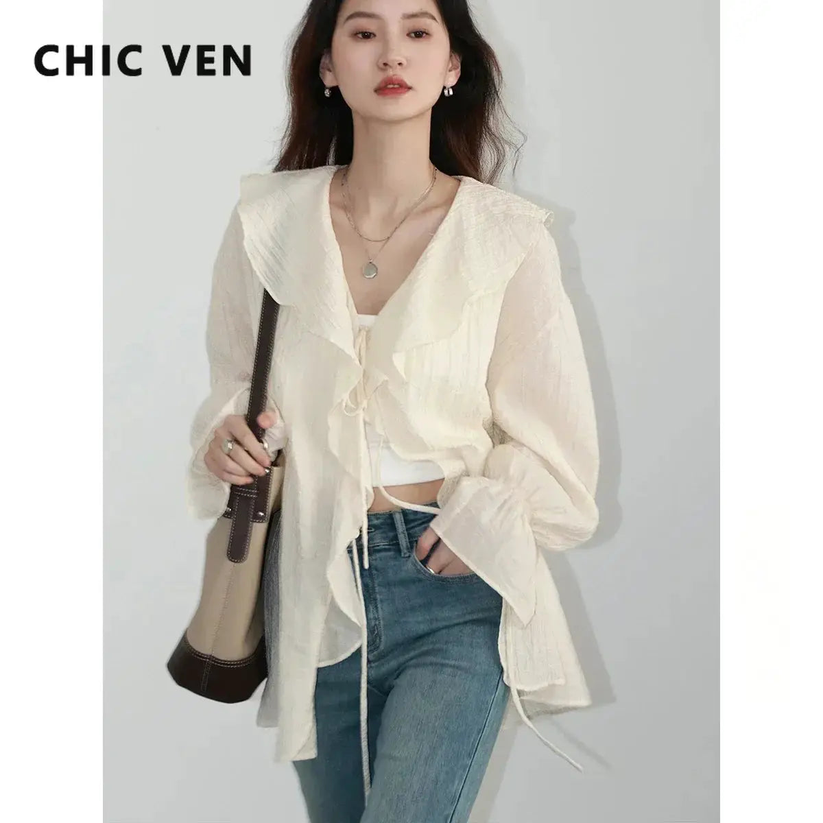 CHIC VEN women's cream lace-up V-neck blouse with ruffled edges and loose fit, by Simples Market