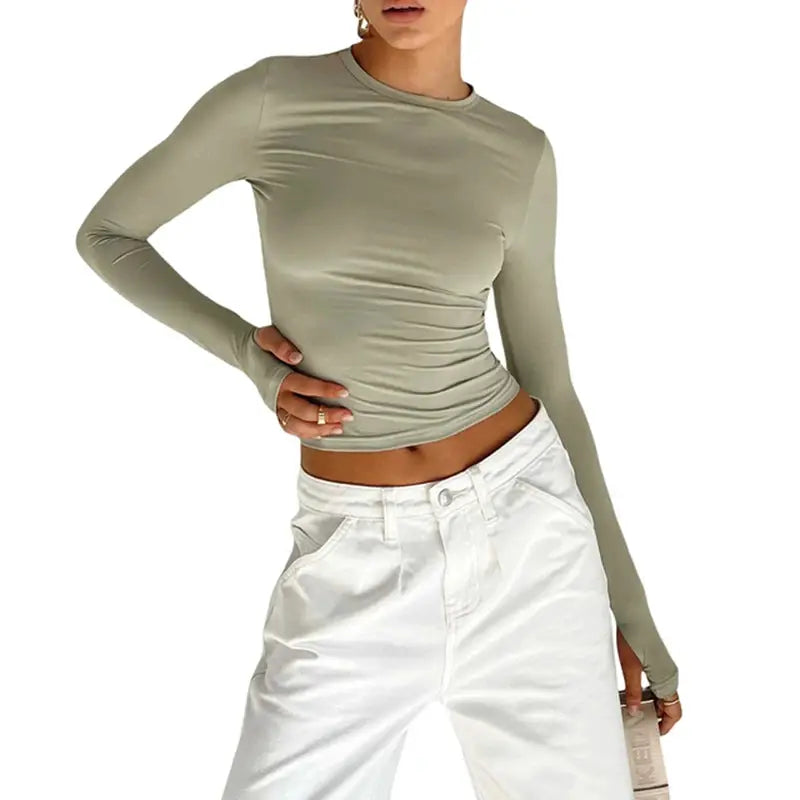 NovaTrend Women Crop Top Long Sleeve Crew Neck Slim Fit Tee Cotton Polyester Blend With Thumb Hole Design For Comfort