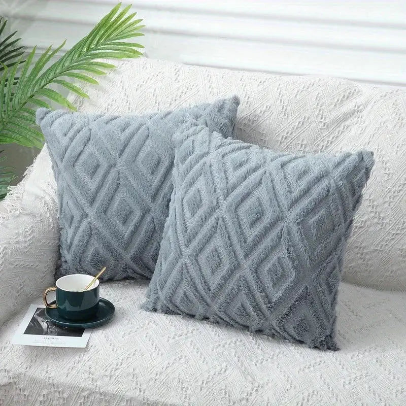 Throw pillow covers (2) in gray-blue plush with diamond rhombus jacquard pattern