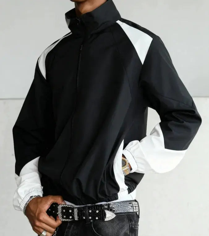 Men's color-blocked lightweight jacket with black and white panels, windproof and full-zip front