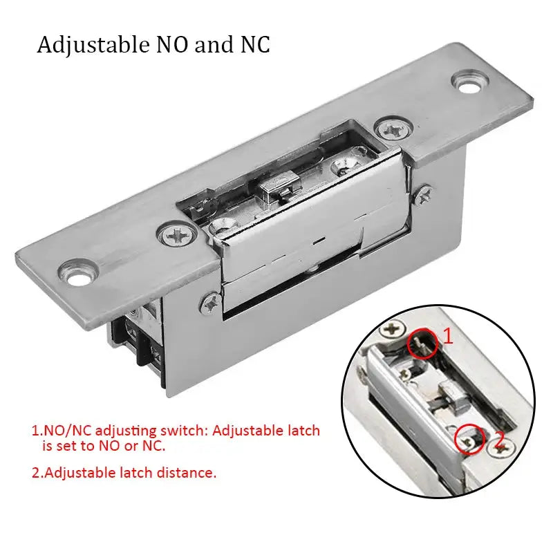 Simples Market EU electric strike door lock, stainless steel, 12V DC, adjustable NO/NC latch.