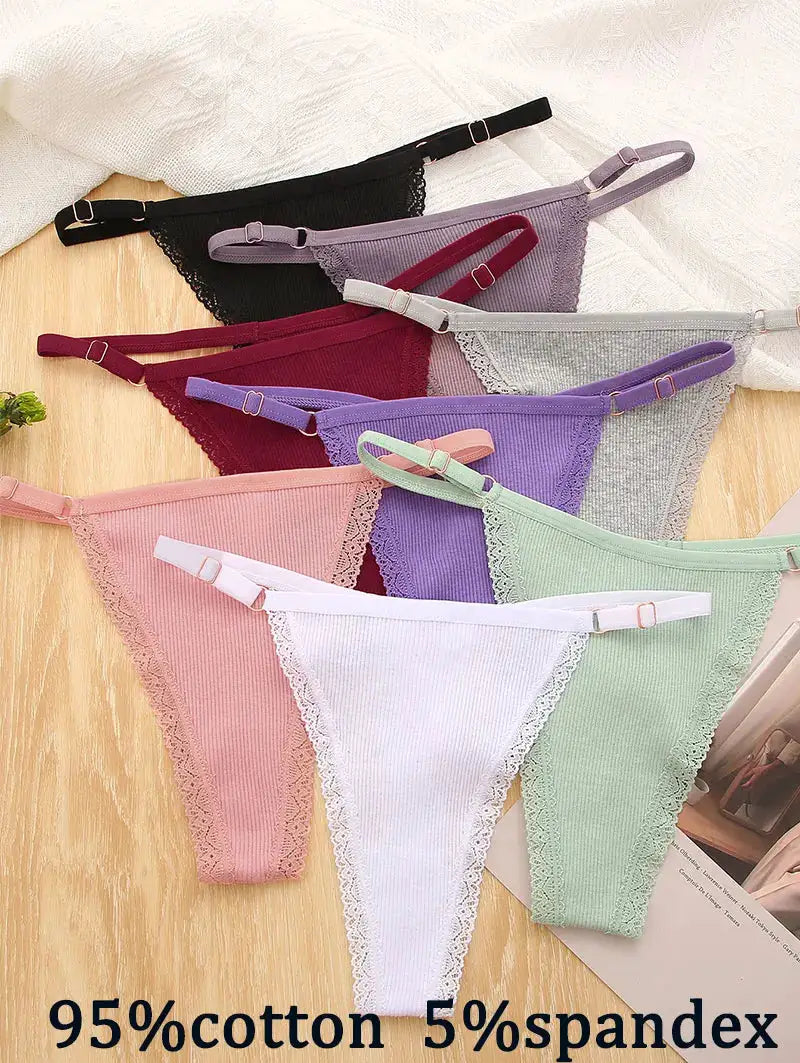 5-pack cotton G-string underwear by Simples Market in assorted colors, 95% cotton 5% spandex with lace trim