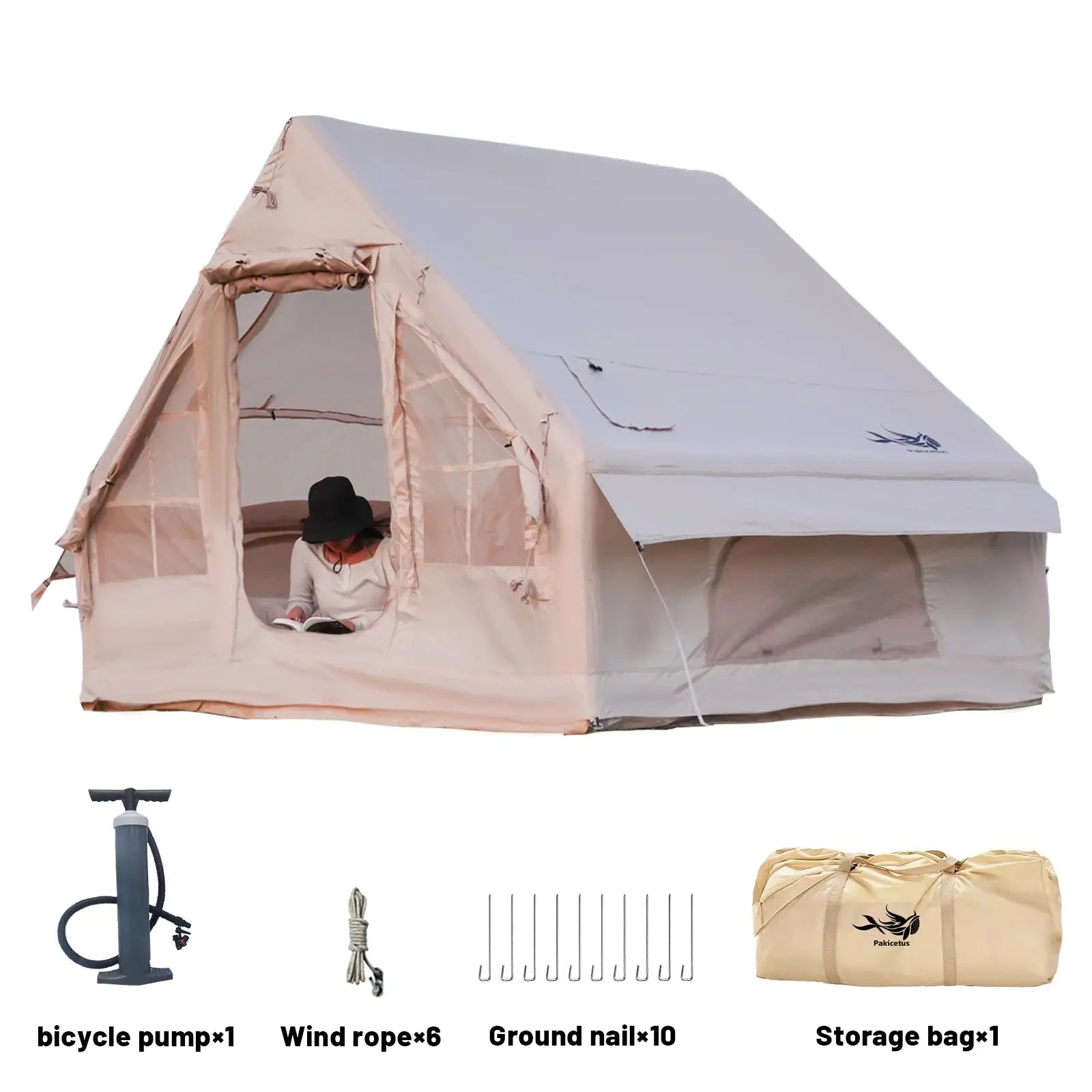 Simples Market inflatable family camping tent in beige with open front entrance, includes pump, wind ropes, ground nails and storage bag.