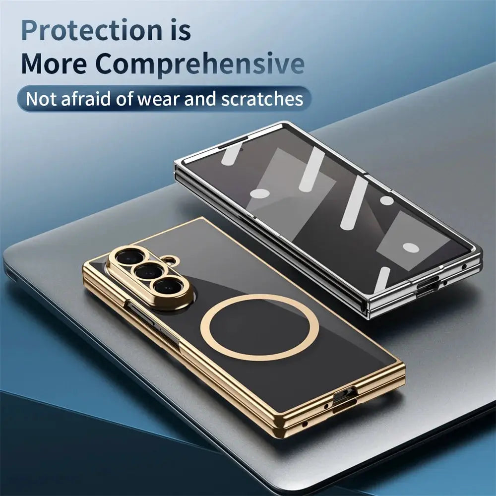 HD Clear tempered film screen protection magnetic case for Samsung Z Fold; two gold and silver metal-frame cases