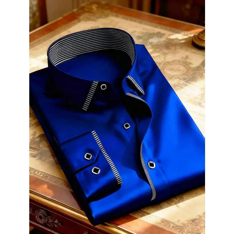 Men's blue patchwork shirt with striped inner collar and cuffs, long sleeves, micro-elastic fabric