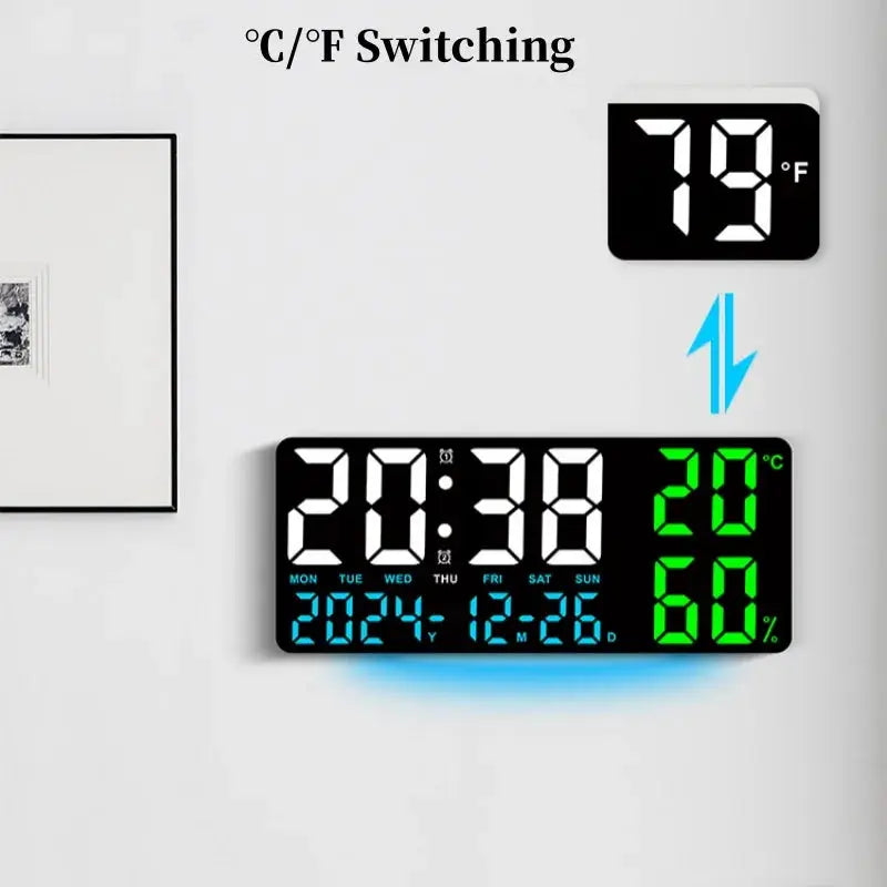 Large digital wall clock by Simples Market with 7-color mood LED backlight, date and humidity readouts