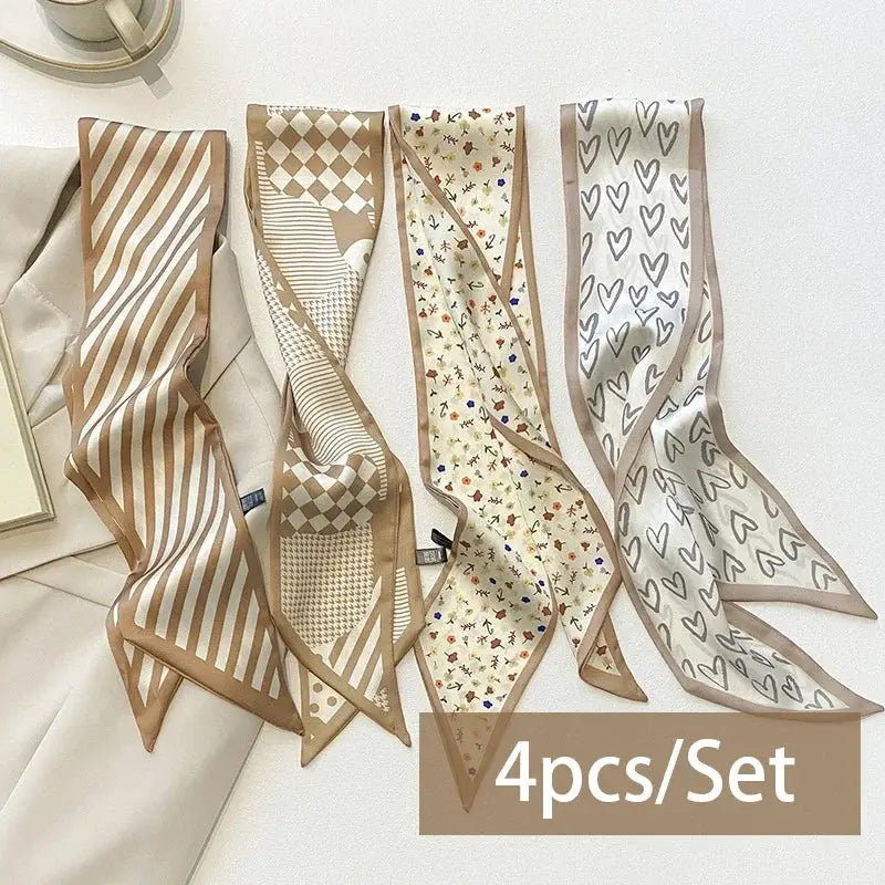 SilkSerene 4 Piece Silk Satin Scarf Set For Women Lightweight Polyester Scarves Luxurious Versatile Wraps