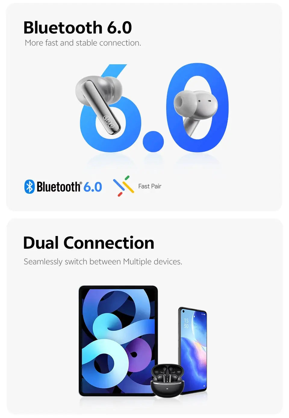 QCY HT18 MeloBuds N70 wireless earbuds, two white in-ear Bluetooth 6.0 dual-driver design