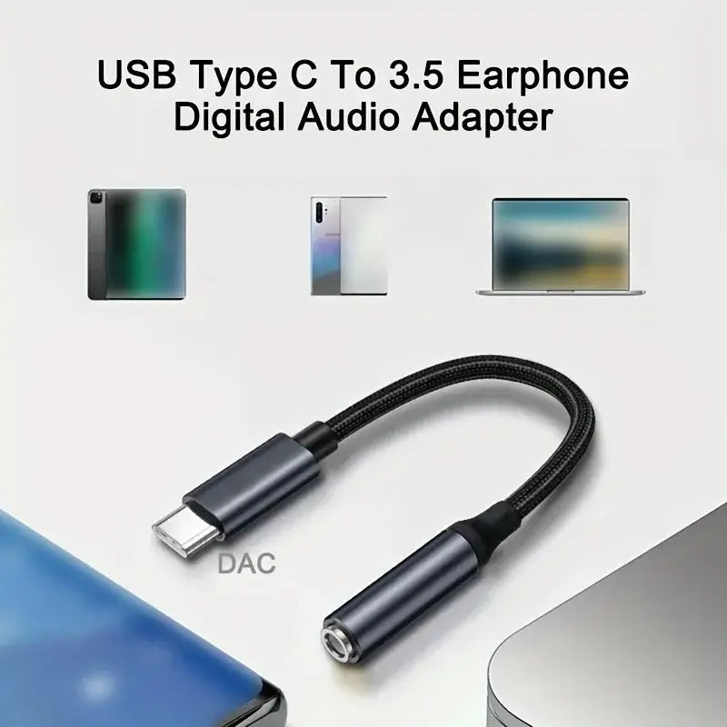 Simples Market USB-C to 3.5mm headphone DAC adapter with braided black cable and metallic gray ends