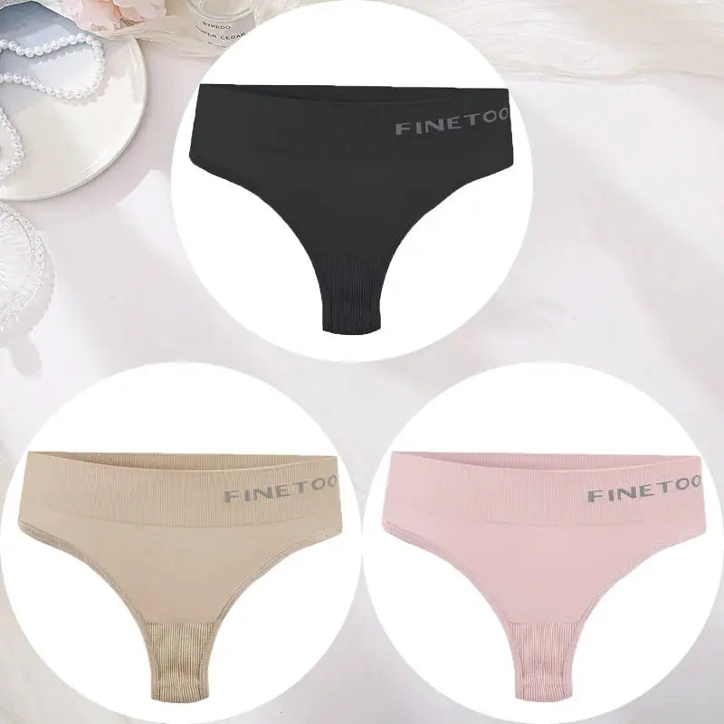 Finetoo 3-pack women's seamless high-waist thong underwear set in black, beige, and pink (M-2XL) by Simples Market