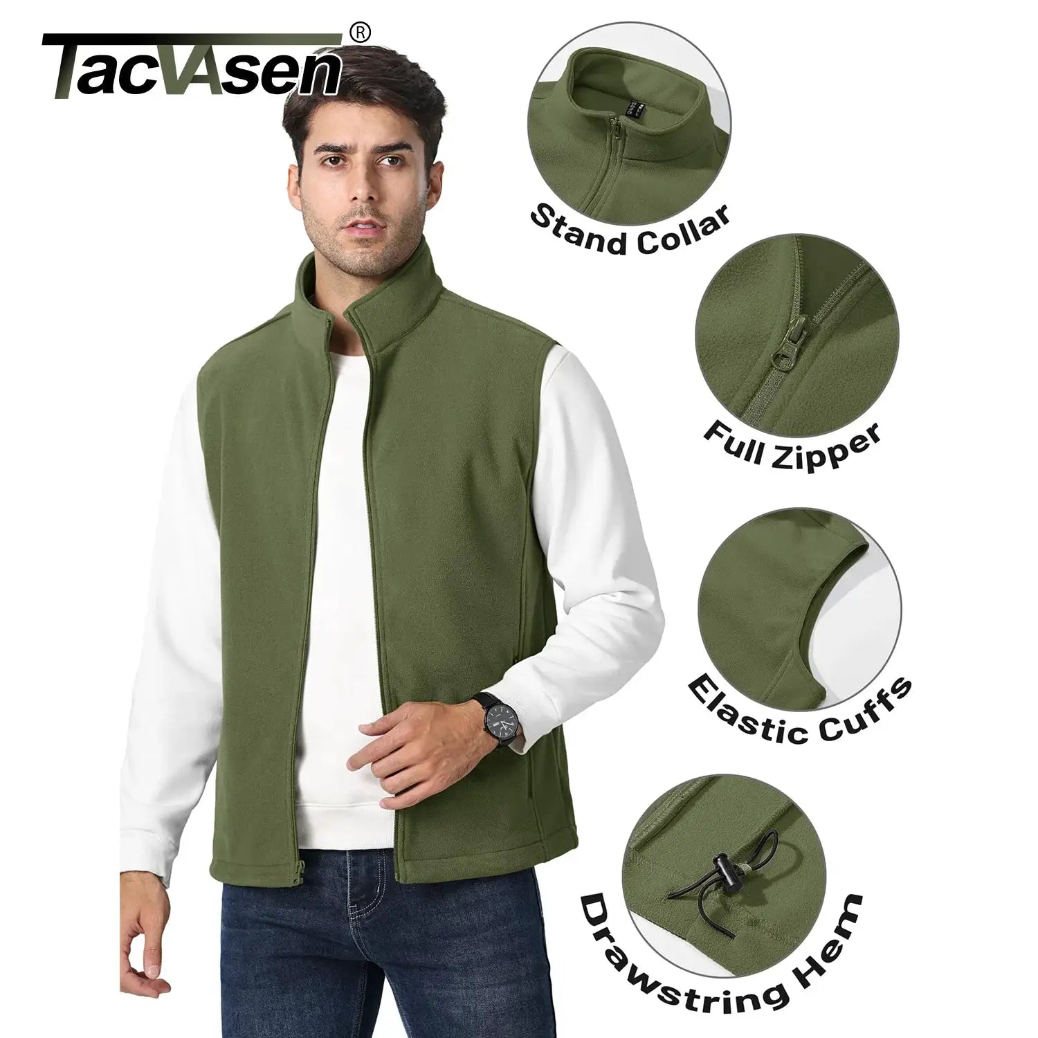 TACVASEN men's fleece sleeveless vest in olive green with stand collar and full zipper